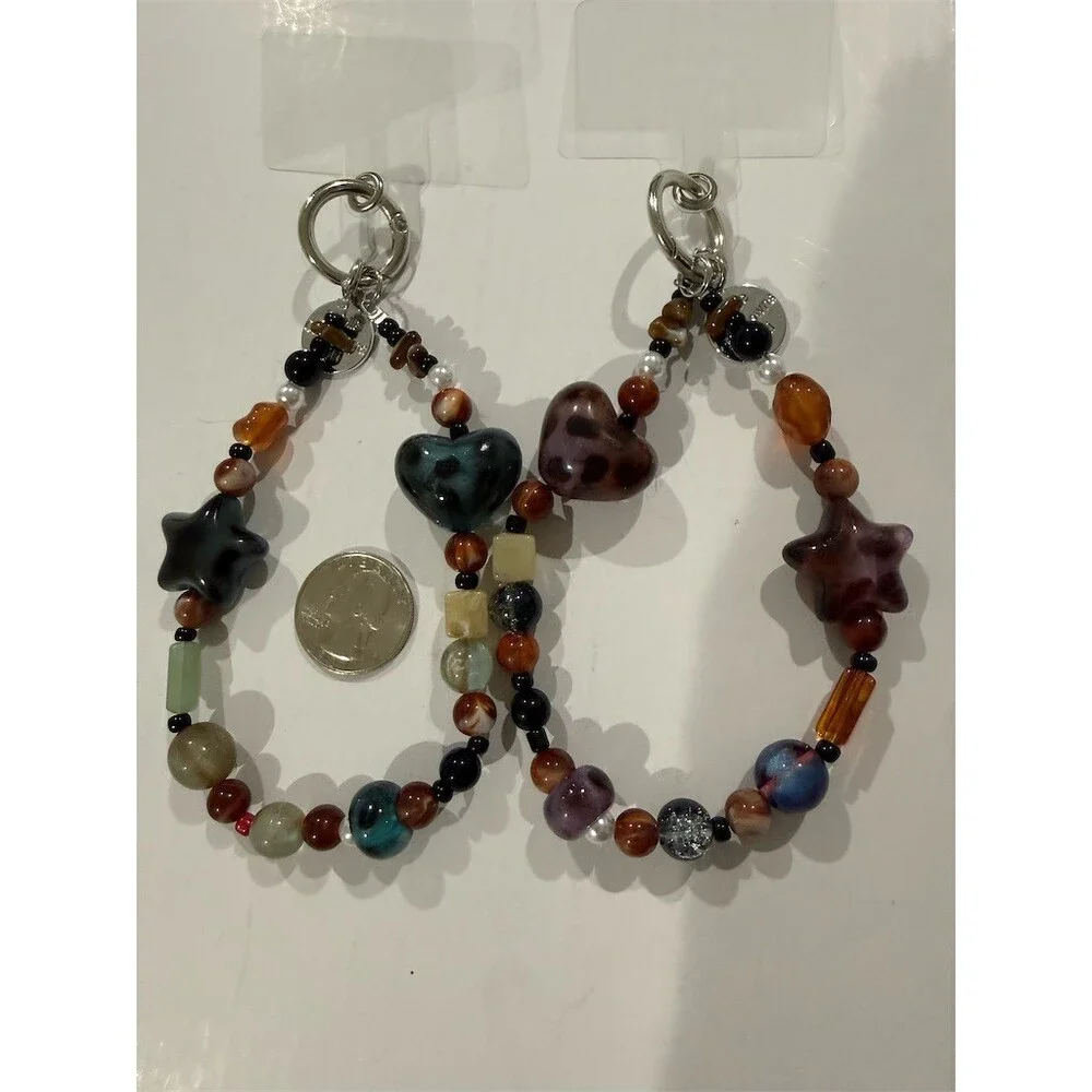Set of 2 handmade cute Beaded Phone Purse Bag Charm Keychains Heart Star
